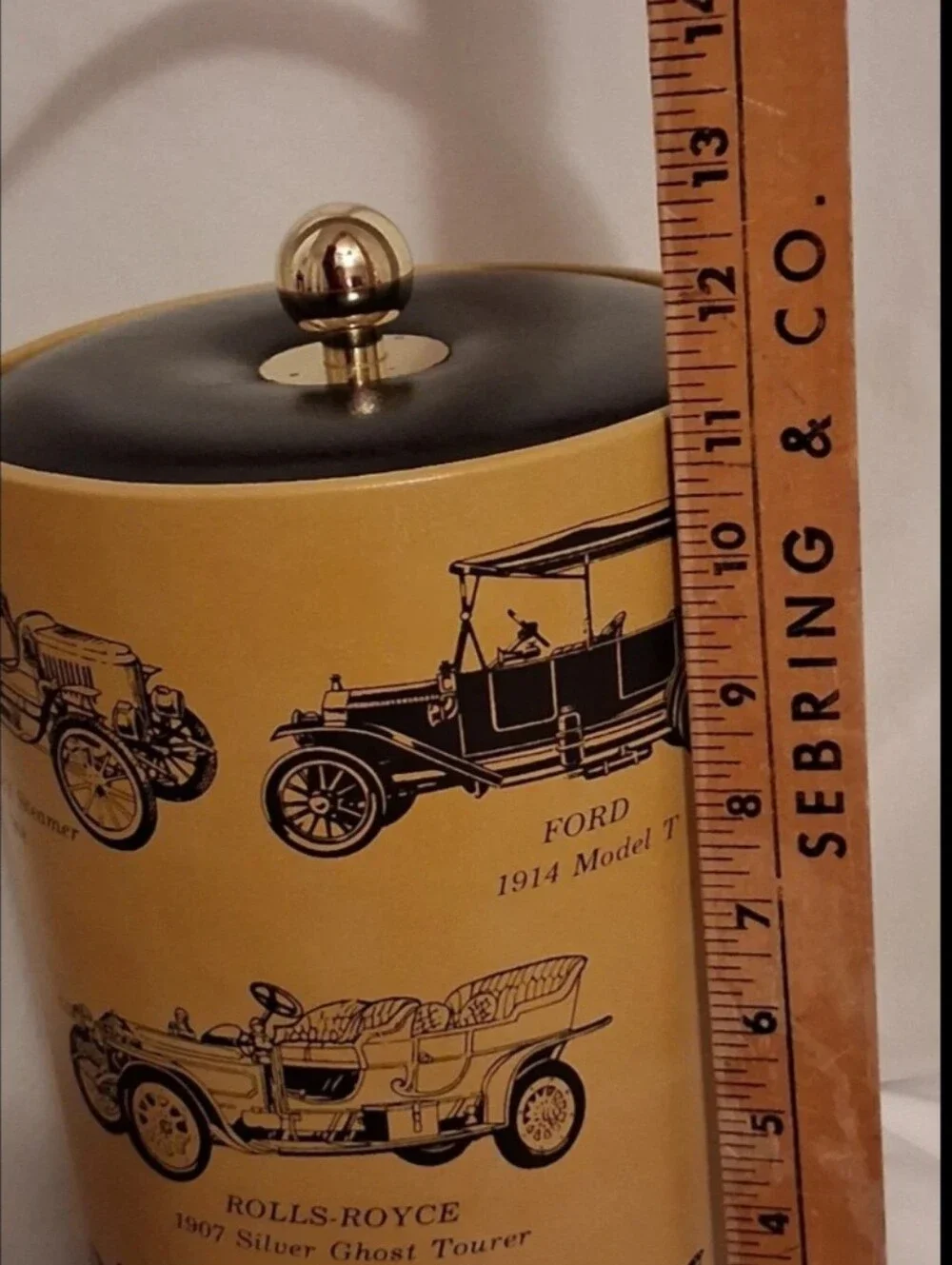 Vintage Automobile-Illustrated Ice Bucket MCM Classic Car Faux Leather Bar Caddy